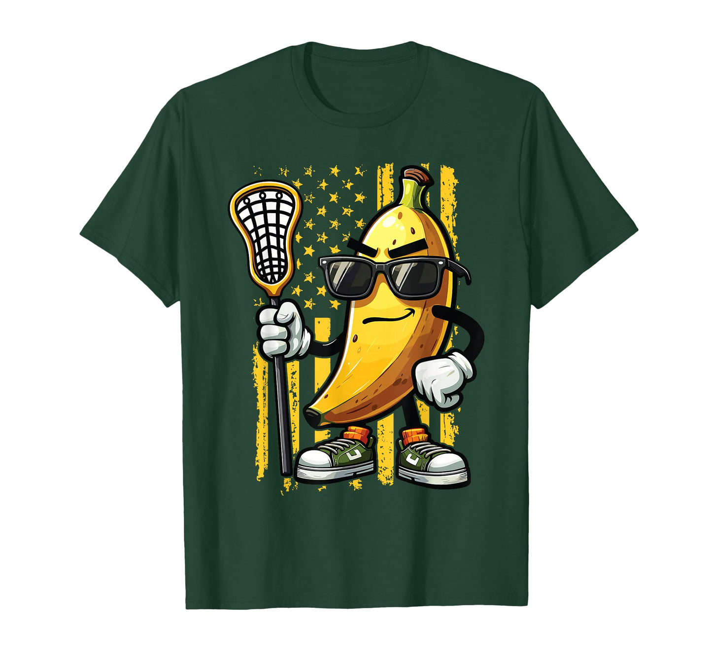 Banana Playing Lacrosse Sunglasses American Flag Funny T-Shirt