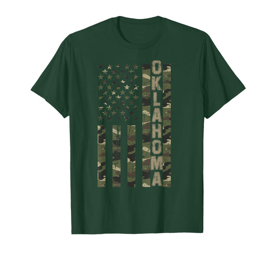 Oklahoma United States Distressed Camo w US Flag T-Shirt