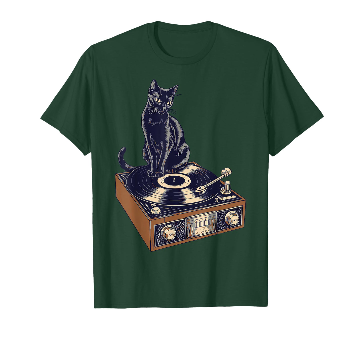 Black Cat Sitting On Vinyl Record Player DJ Vinyl Lovers T-Shirt