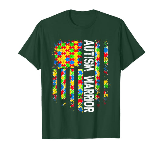 Autism Warrior Awareness Support USA Flag Neurodiversity T-Shirt