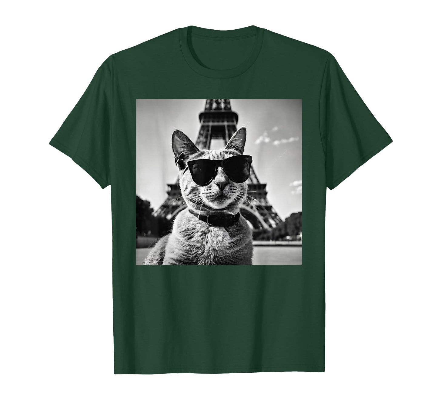 Funny French Cat Wearing Sunglasses and Paris Eiffel Tower T-Shirt