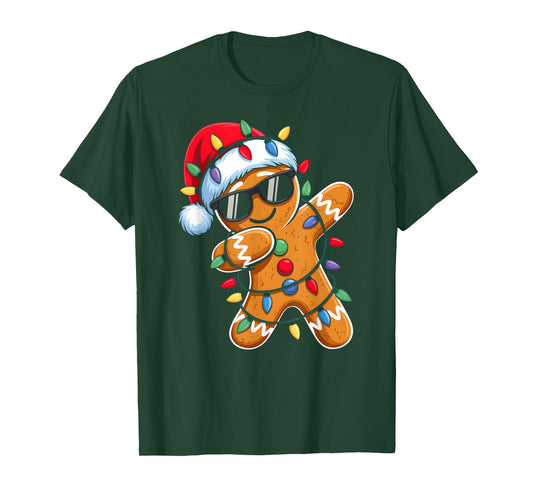 Dabbing Gingerbread Christmas Lights Santa Hat Xmas Pajamas T-Shirt