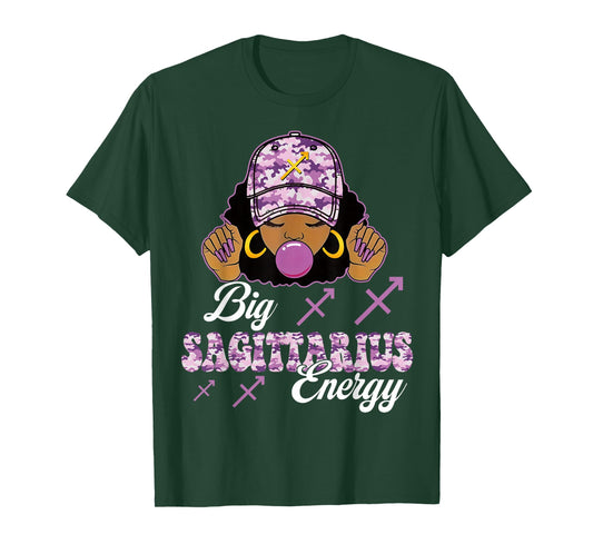 Big Sagittarius Energy Afro Girl with Purple Camouflaged Cap T-Shirt
