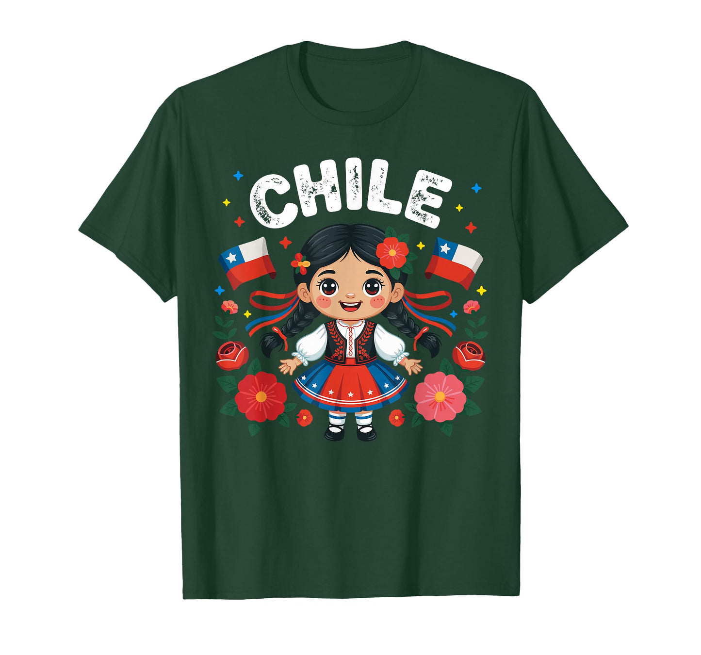Chile Girl Traditional Dress with Flags and Flowers for Kids T-Shirt