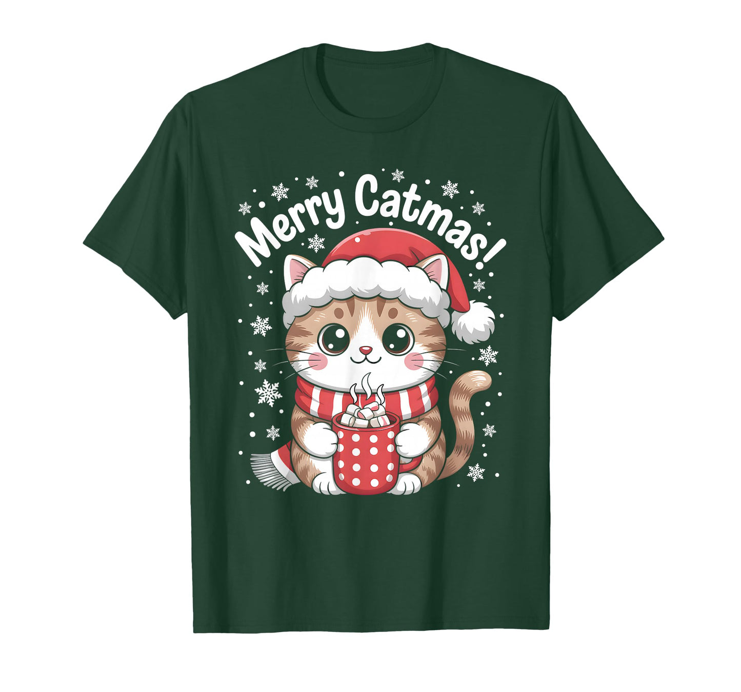 Christmas Outfit Kawaii Cat Santa Hat Hot Cocoa Merry Catmas T-Shirt