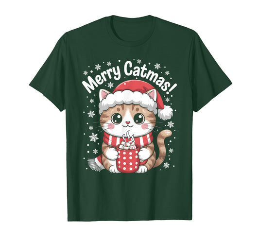 Christmas Outfit Kawaii Cat Santa Hat Hot Cocoa Merry Catmas T-Shirt