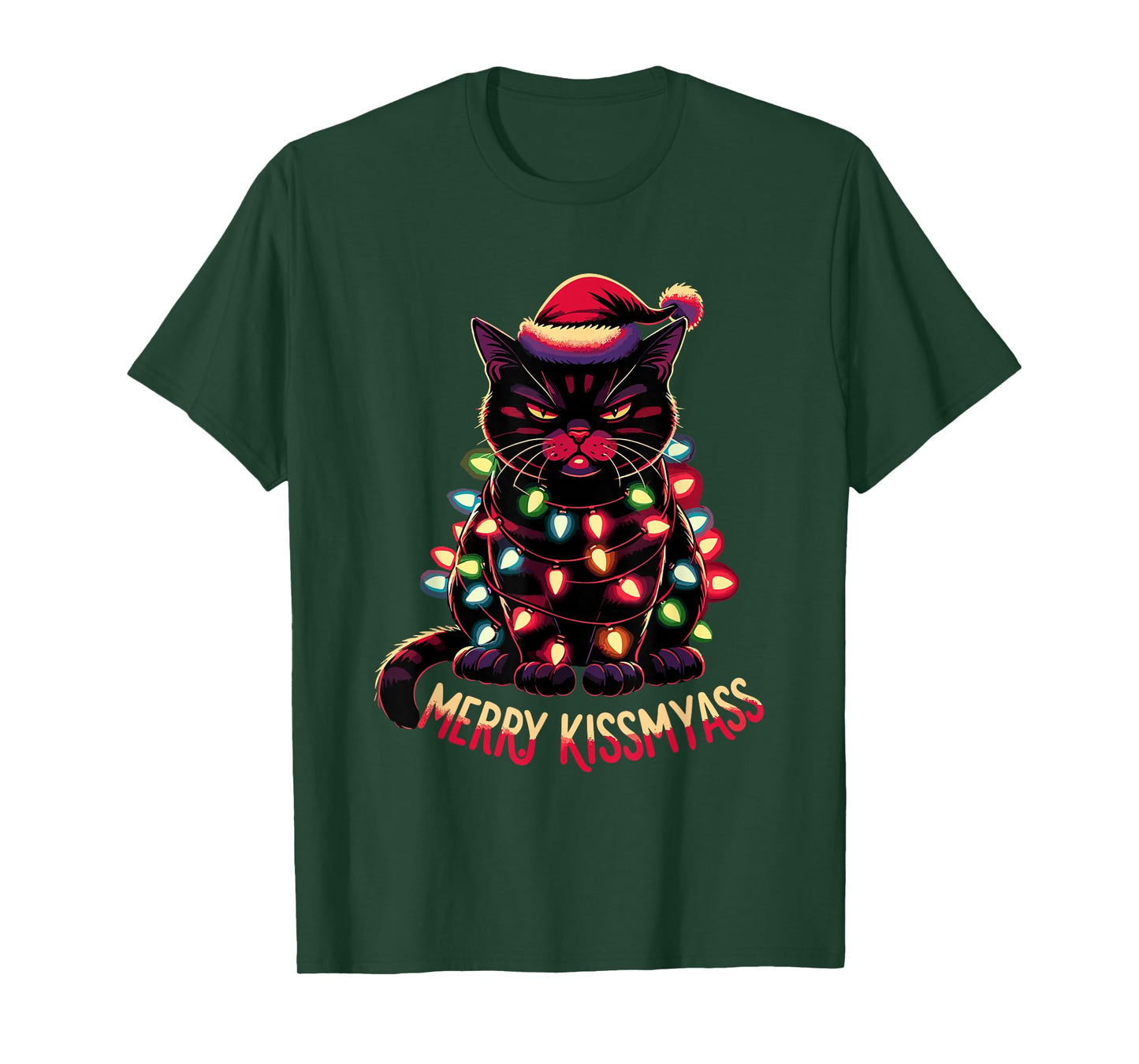 Merry Kissmyass Funny Black Cat Christmas Lights Santa Hat T-Shirt