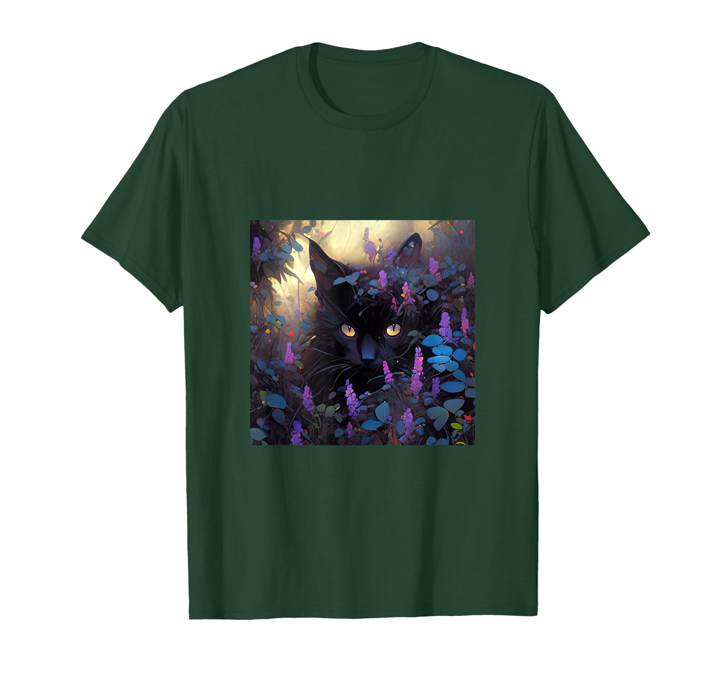 Black Adorable Cat Purple Spring Flowers T-Shirt for Men Women