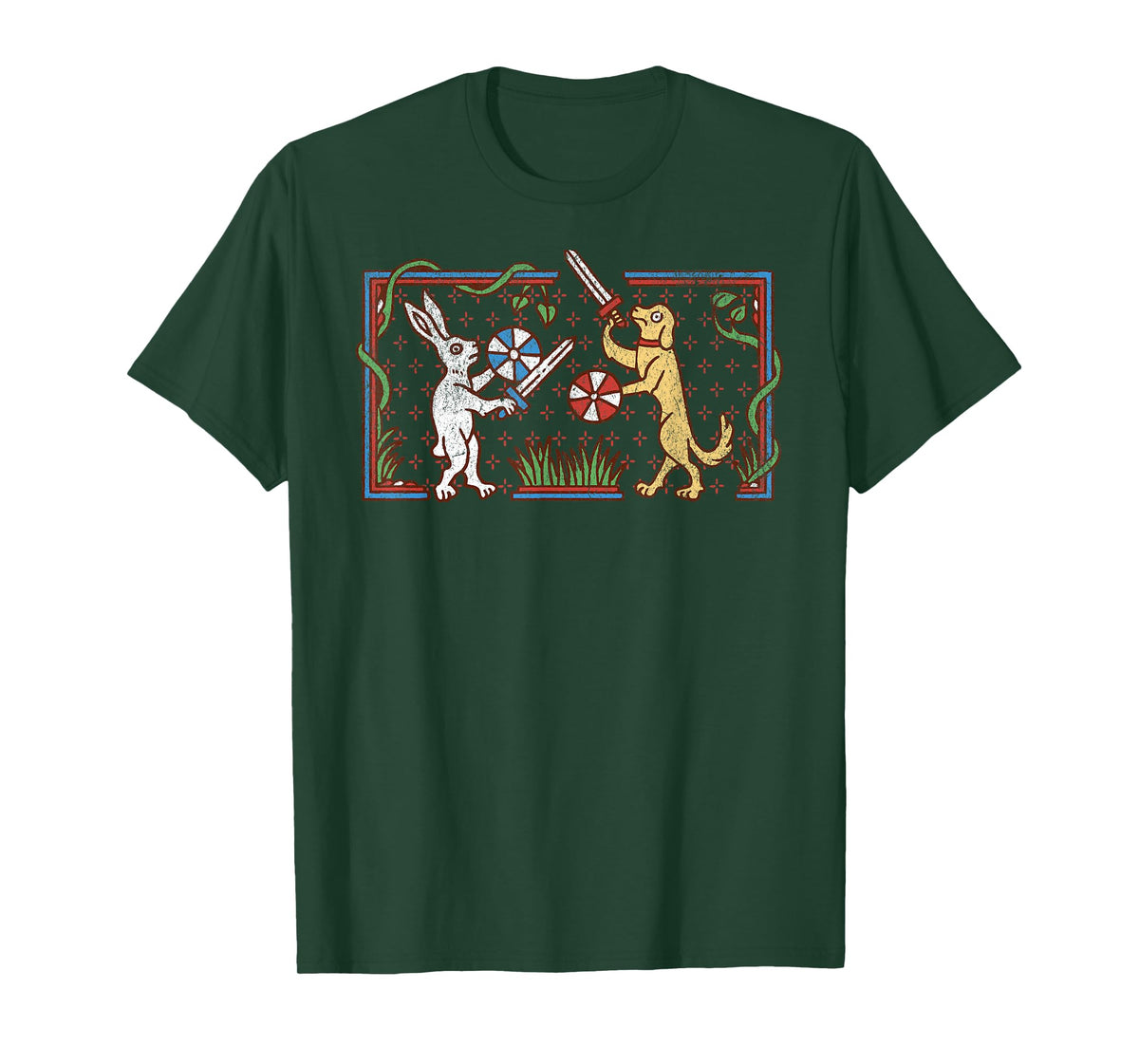 Medieval Rabbit & Dog Sword Fighting Cute Vintage Retro Men Women Girls Kids T-Shirt