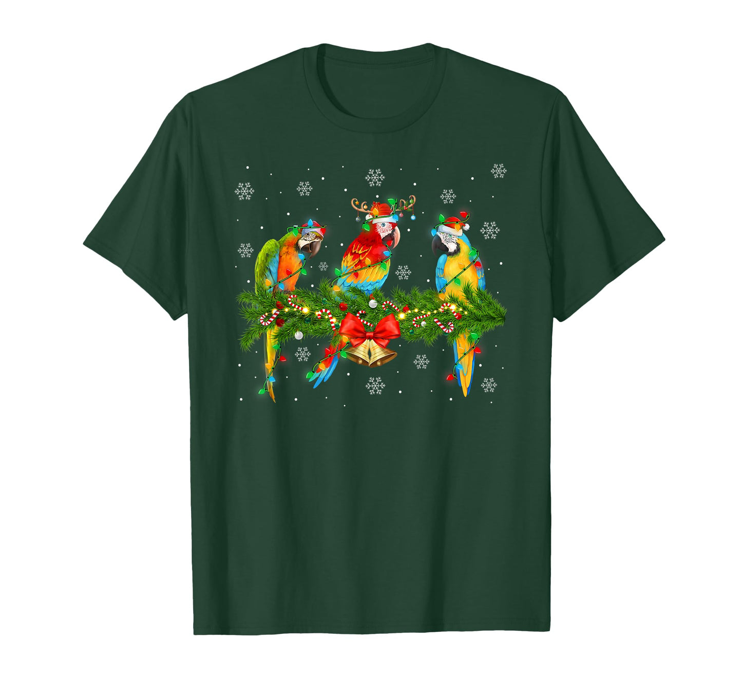 Colorful Macaw Parrots Christmas Lights Tropical Bird Xmas T-Shirt