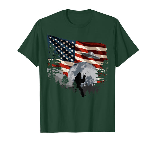 Bigfoot Sasquatch American Flag (Design on Back) T-Shirt