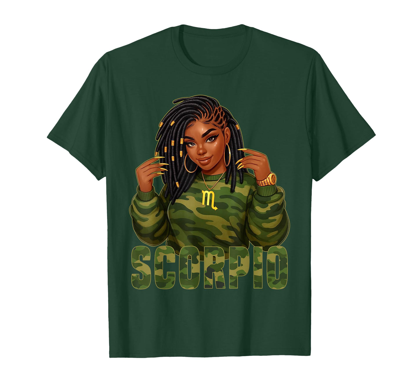 Scorpio Queen Loc'd Black Woman Camo Zodiac Sign T-Shirt