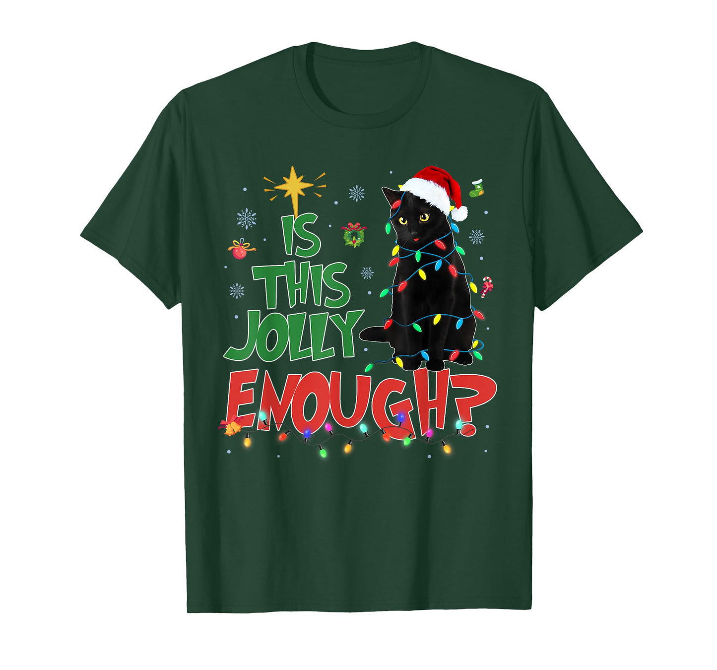 Is This Jolly Enough Black Cat Merry Christmas Tree Lights T-Shirt