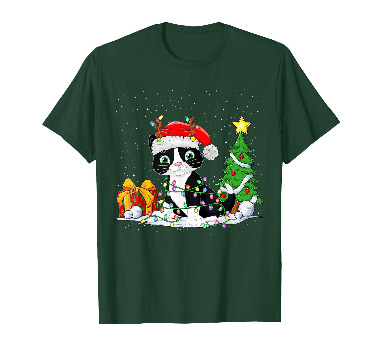 Cute Tuxedo Cat Santa Christmas Tree Lights Xmas Tuxedo Cat T-Shirt