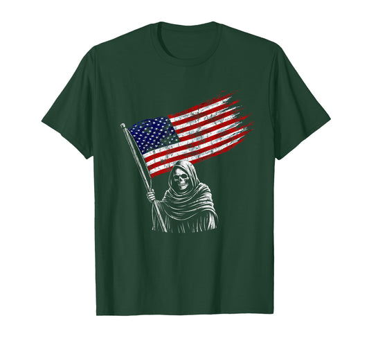 Grim Reaper Holding American USA Flag Grunge Distressed T-Shirt