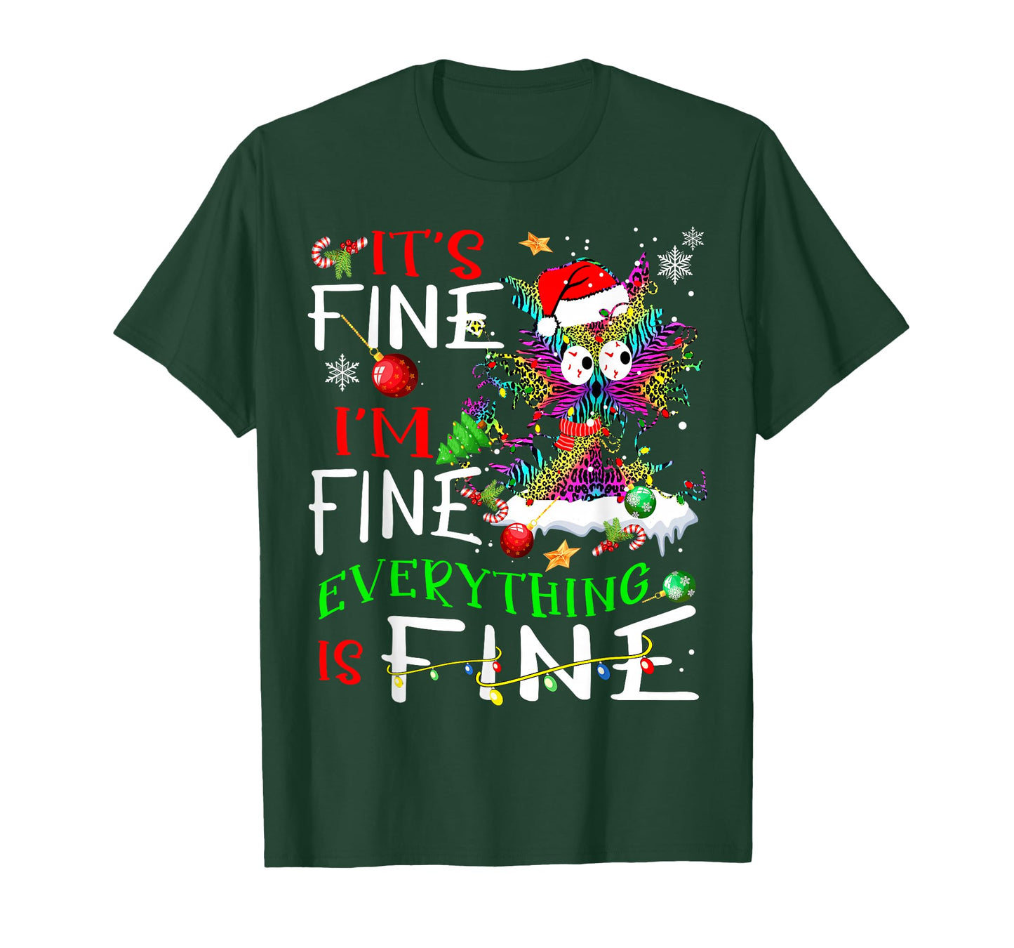 It's Fine I'm Fine Everything Is Fine Tie Dye Cat Xmas Light T-Shirt