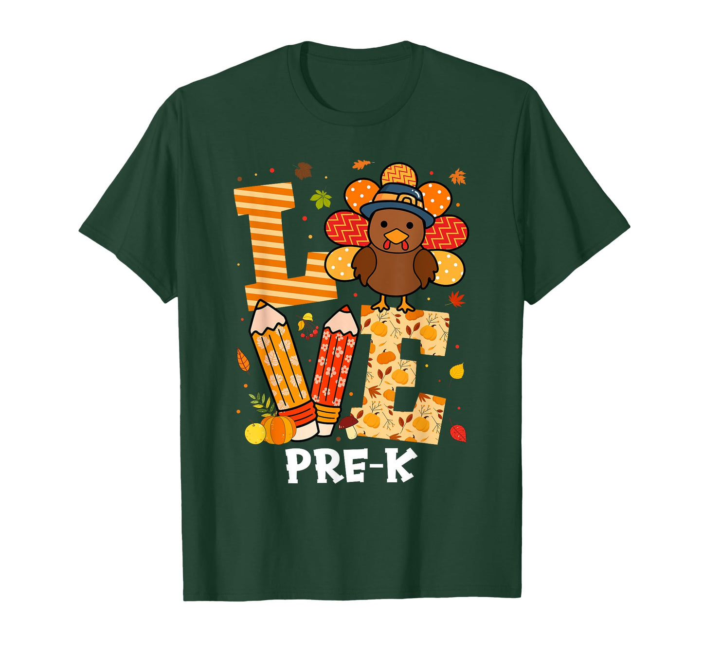 Thanksgiving Love Pre-K Teacher Turkey Autumn Fall T-Shirt for Men Women Girls Kids