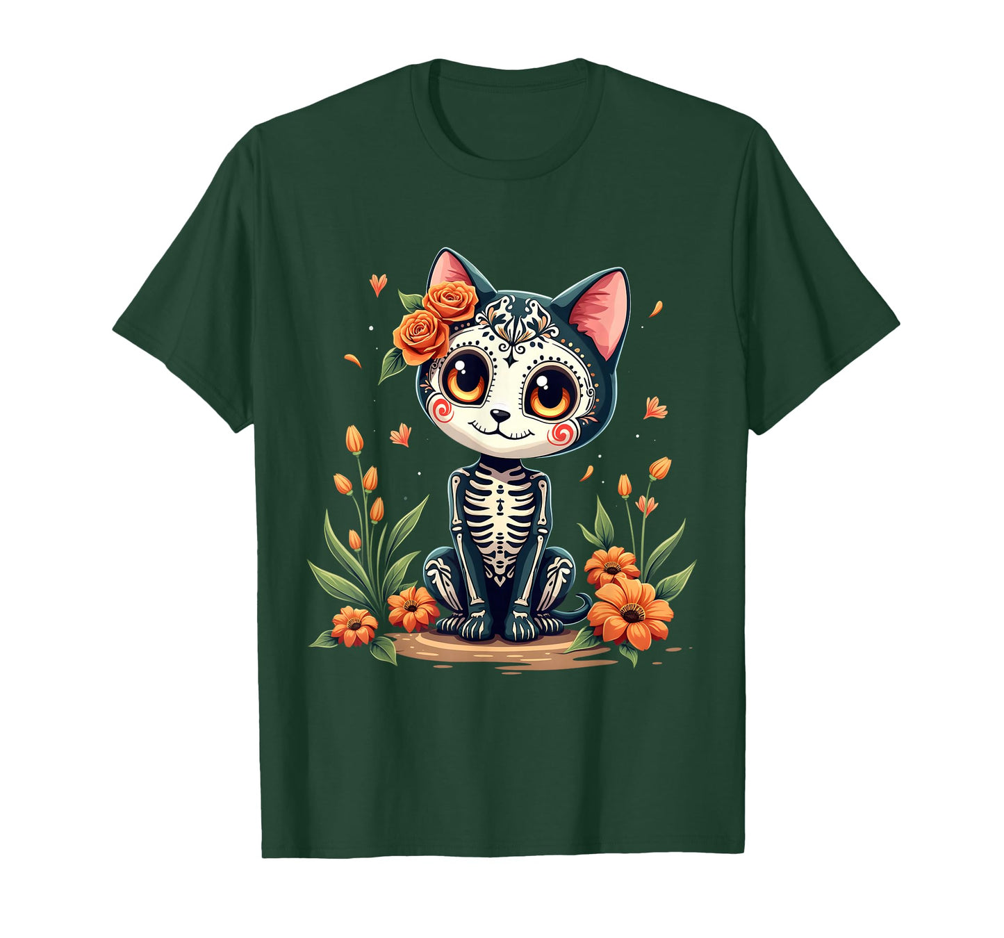 Colorful Sugar Skull Cat Tee Mexican Halloween T-Shirt