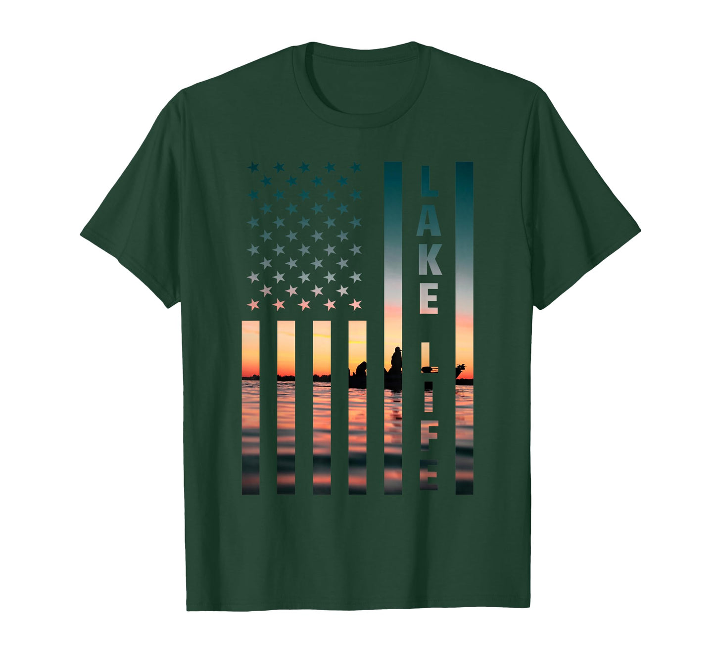 Lake Life Fisherman Sunset American Flag Bass Fishing Boat T-Shirt