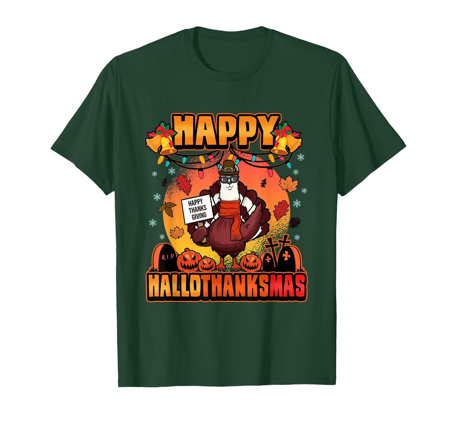 Halloween Christmas Happy Hallothanksmas Llama Turkey T-Shirt