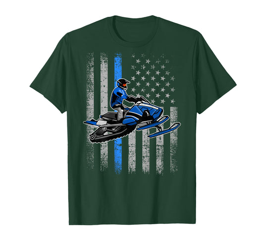 Snowmobile Riding Winter Snow USA American Flag Vintage T-Shirt