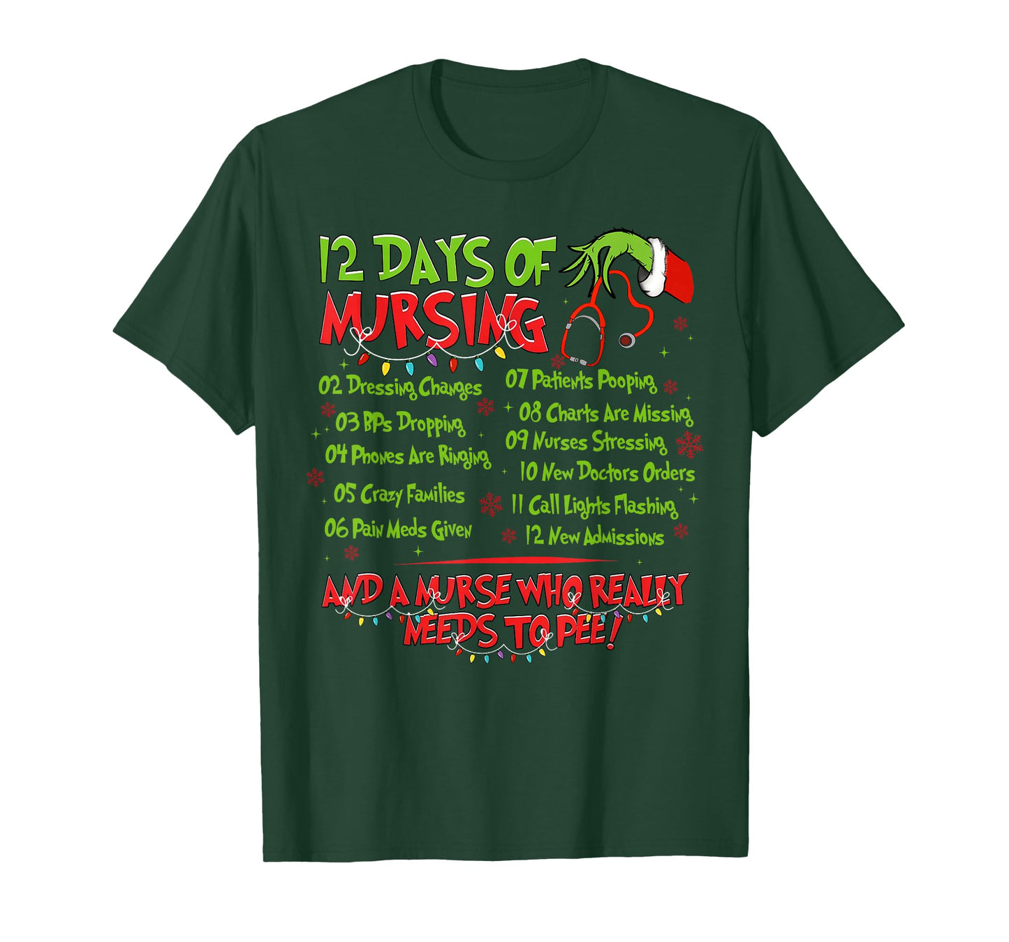 12 Days of Nursing Nurse Merry Christmas Xmas Lights Holiday T-Shirt