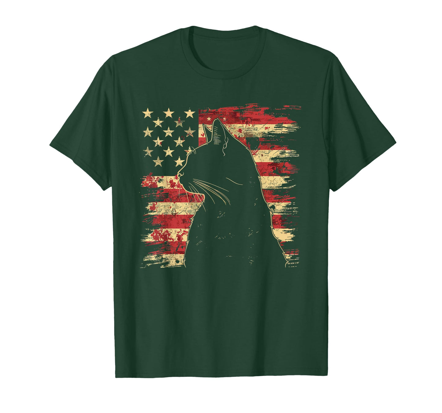 4th of July DESIGNS Unisex-Adult Vintage Patriotic Cat Silhouette Graphic T-Shirt, Black, Small, Short Sleeve