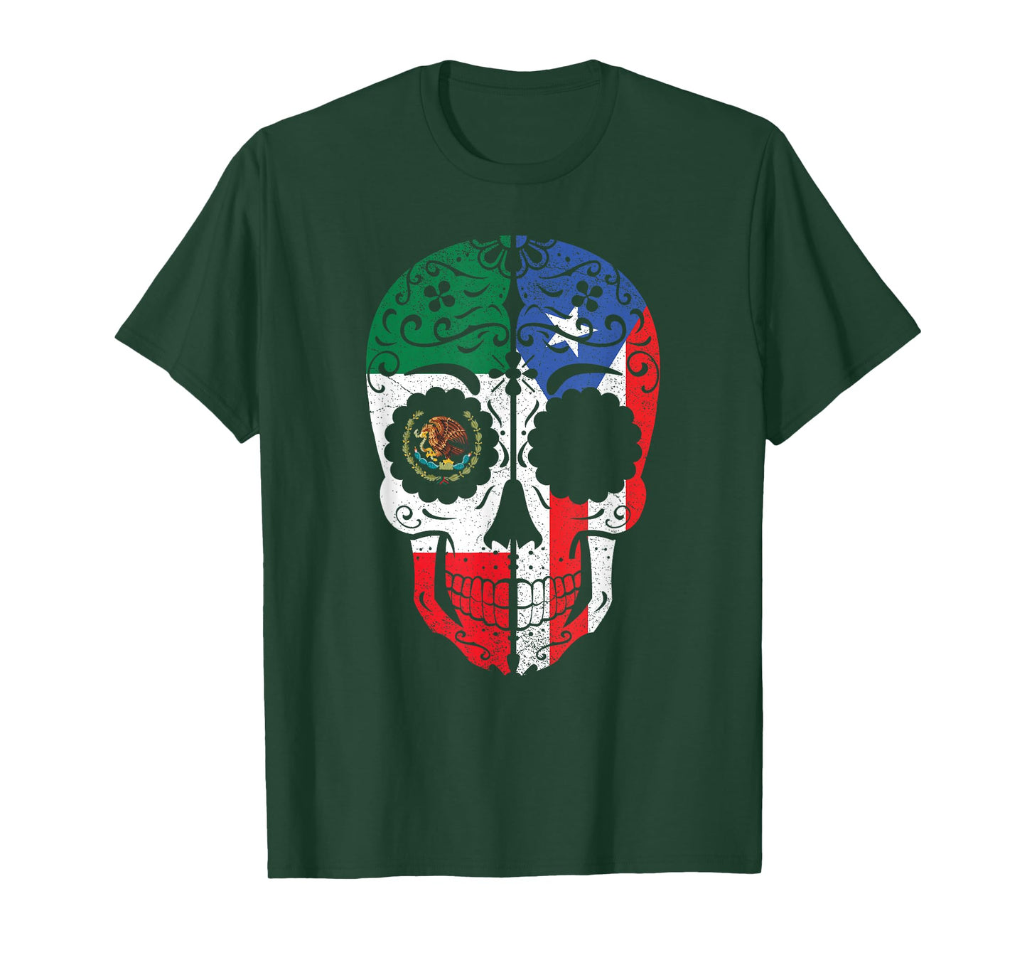 Mexican Puerto Rican Flag Mexico Puerto Rico Sugar Skull T-Shirt