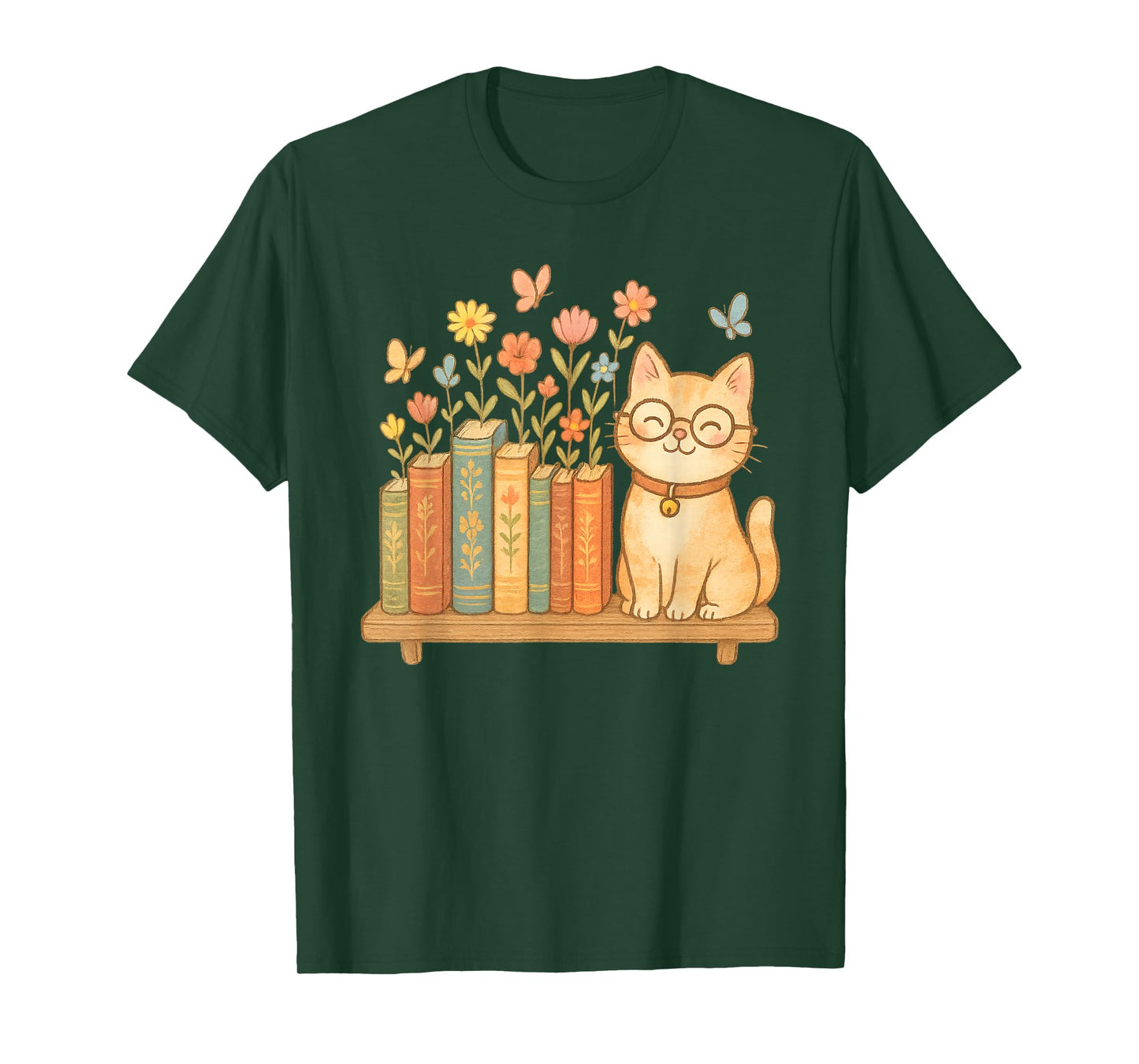 Cute Kawaii Cat Books Flowers T-Shirt