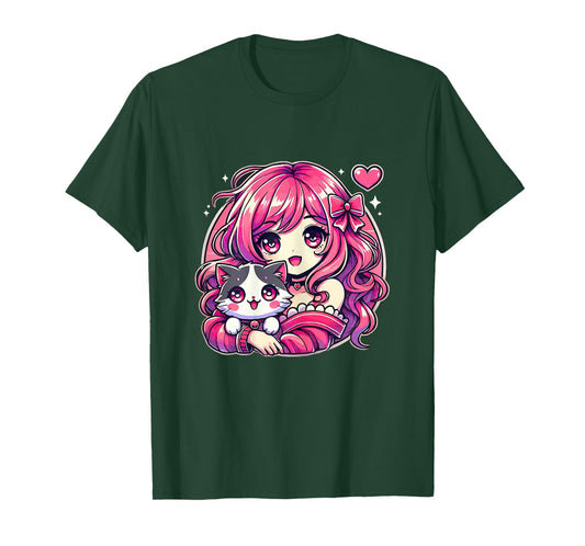 Anime Girl and Cat Kawaii Manga Girl T-Shirt