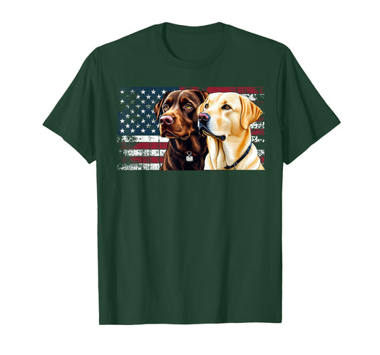 Yellow and Chocolate Labrador Owner Dog USA FLag T-Shirt for Men Women Kids