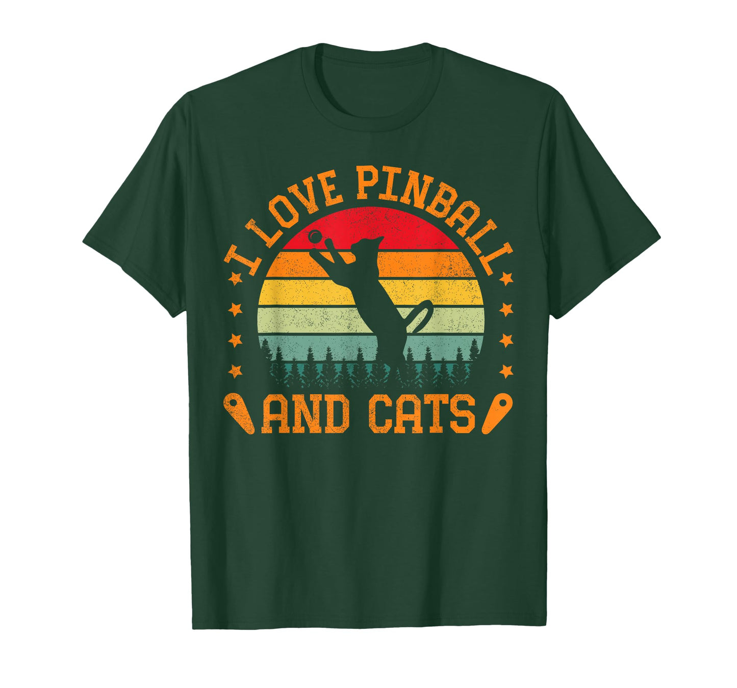 Retro Sunset I Love Pinball And Cats Pinball Machine Gamer T-Shirt