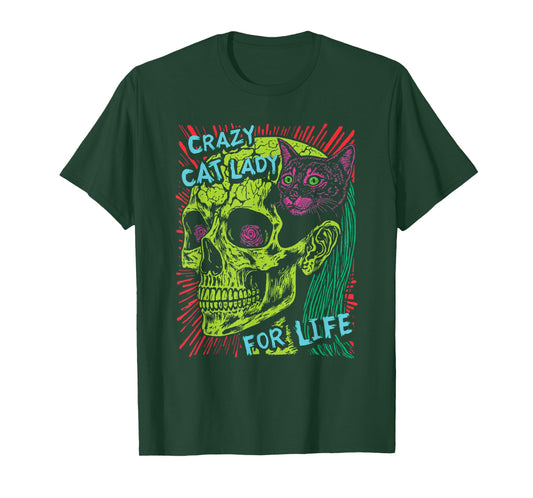 Crazy Cat Lady For Life Goth Punk Grunge Cat With Skull T-Shirt