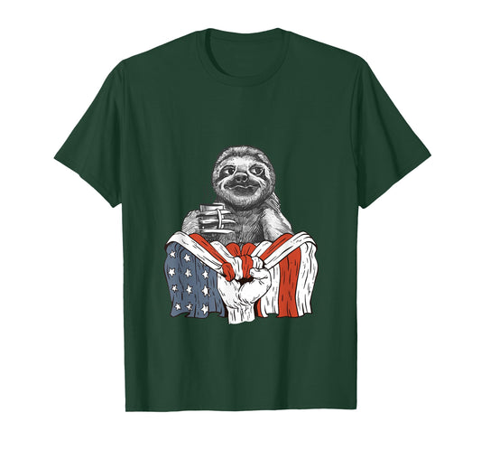 Sloth and Coffee with American Flag T-Shirt for Women Men