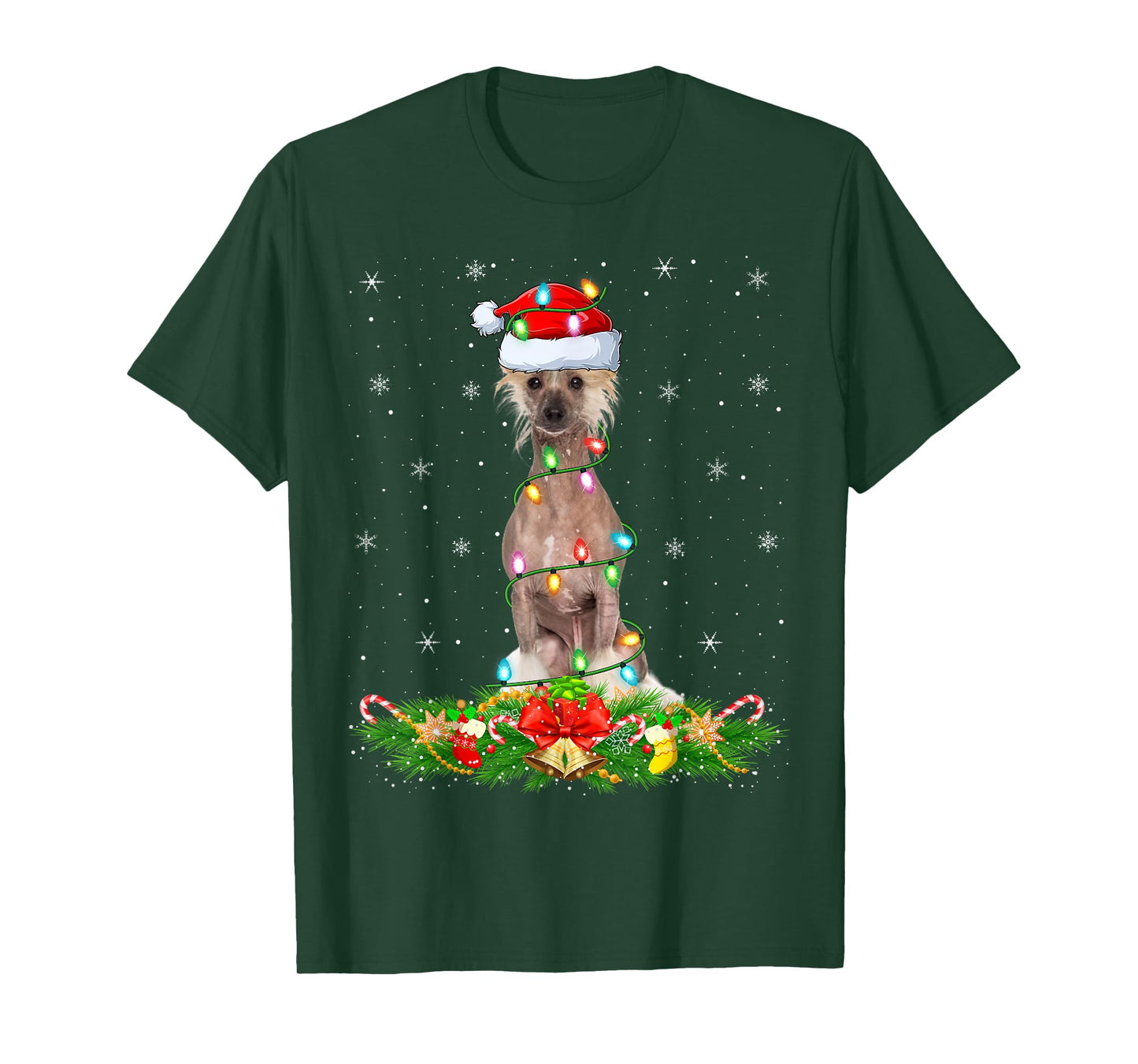 Chinese Crested Dog Christmas Lights Funny Santa Hat Xmas T-Shirt