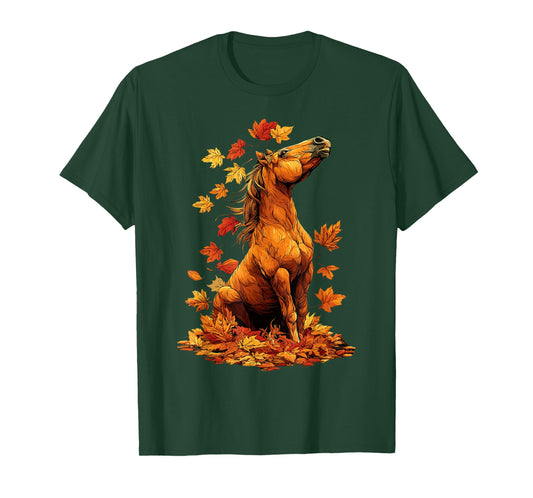 Colorful Horse with Fall Leaves Farm Animal Autumn Aesthetic T-Shirt