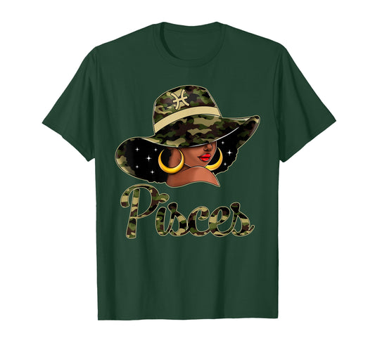 Pisces Queen Black Woman With Hat Camo Afro Woman Zodiac T-Shirt