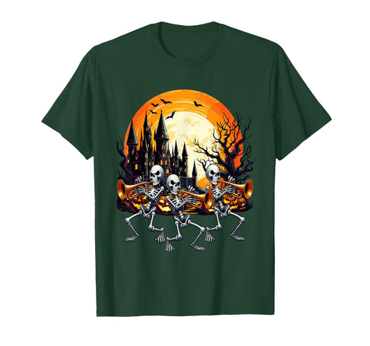 Three Funny Skeletons Playing Trumpet Halloween Instrument T-Shirt