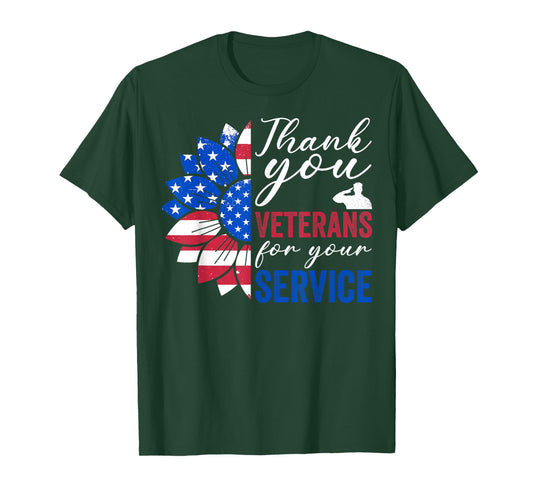 Thank You Veterans Sunflower USA Flag Military Patriotic T-Shirt