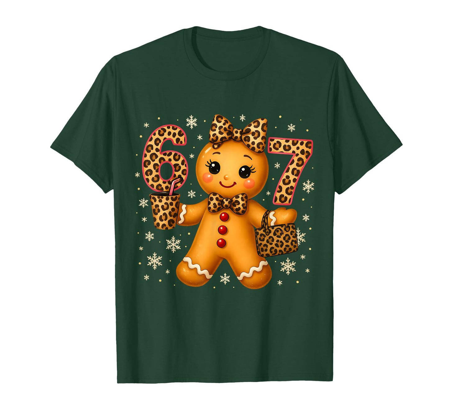 Funny 6 7 Christmas Leopard Bow Gingerbread Girls Women T-Shirt