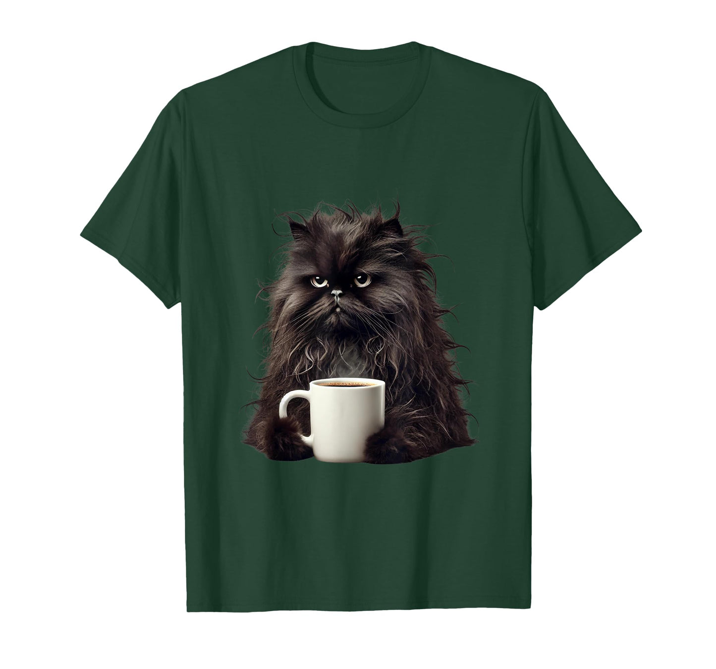 Fluffy Black Cat with Coffee Mug - Funny Cute Design Cat Mom T-Shirt