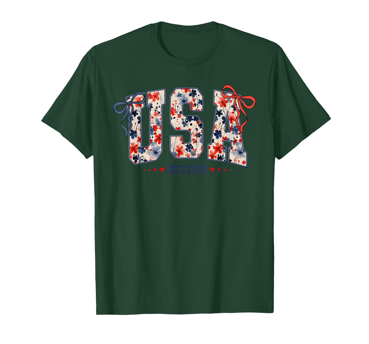Floral USA Coquette Bow Patriotic 4th of July American Flag T-Shirt