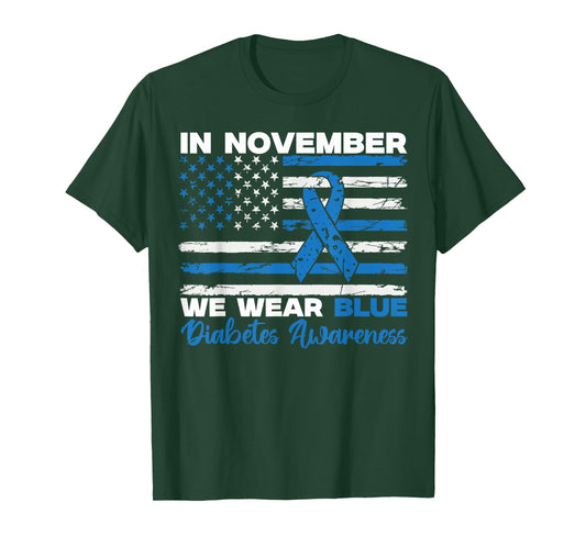 In November We Wear Blue Diabetes Awareness American Flag T-Shirt