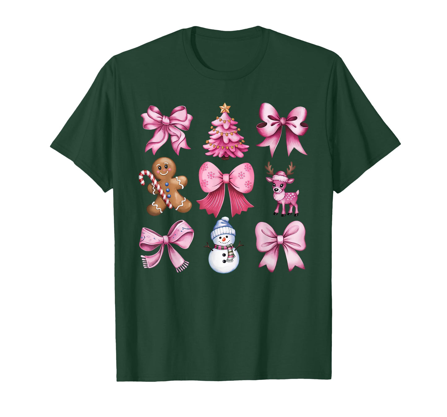 Cute Preppy Pink Christmas Tree Gingerbread Man Snowman Bow T-Shirt