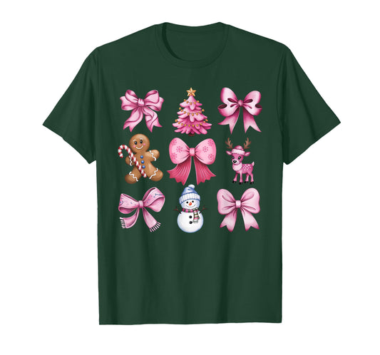 Cute Preppy Pink Christmas Tree Gingerbread Man Snowman Bow T-Shirt