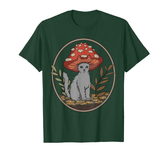 Cottagecore Aesthetic Cat with Mushroom Hat T-Shirt Small