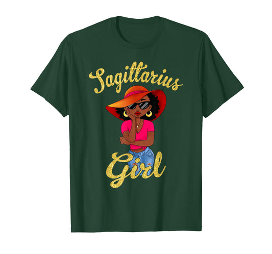 Sagittarius Black Girl Sun Hat Glasses Zodiac Birthday Women T-Shirt