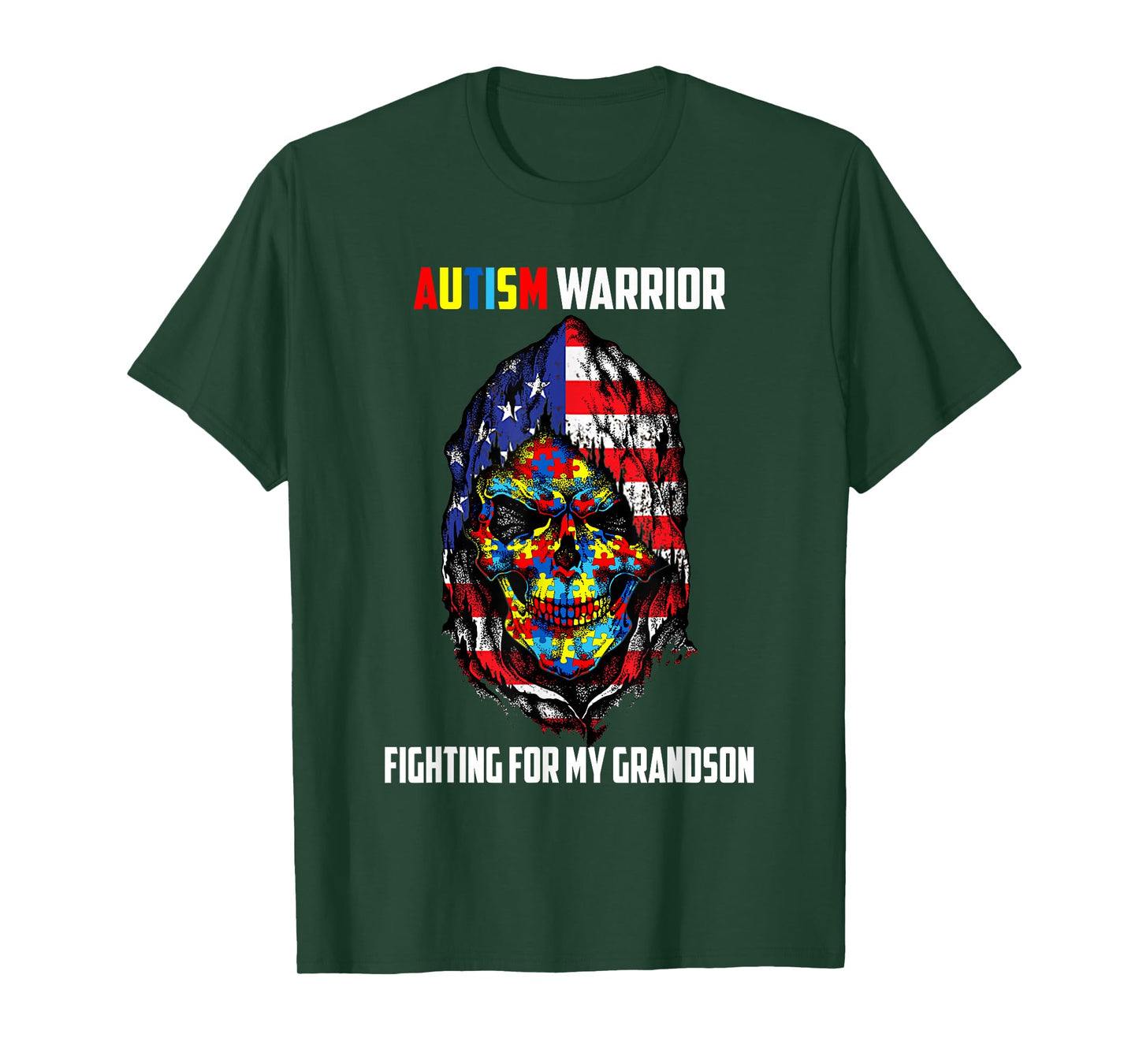 Autism Warrior Fighting For My Grandson Skull American Flag Women Men T-Shirt