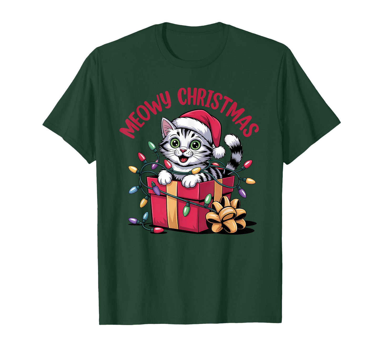 Meowy Christmas Funny Cat Tangled in Lights Xmas Family T-Shirt
