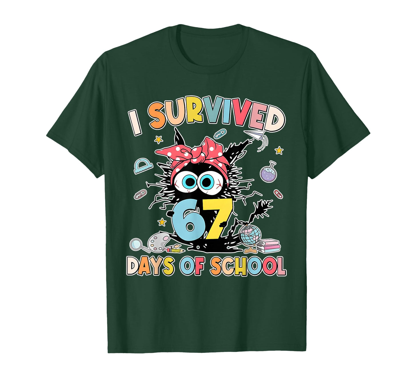 6 7 Meme Kids I Survived 67 Days of School Funny Black Cat T-Shirt